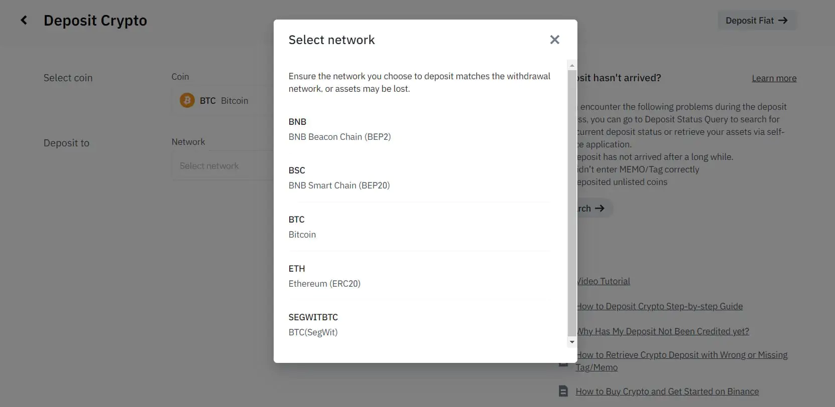 Wählen Sie das Netzwerk für Einzahlungen auf Binance aus